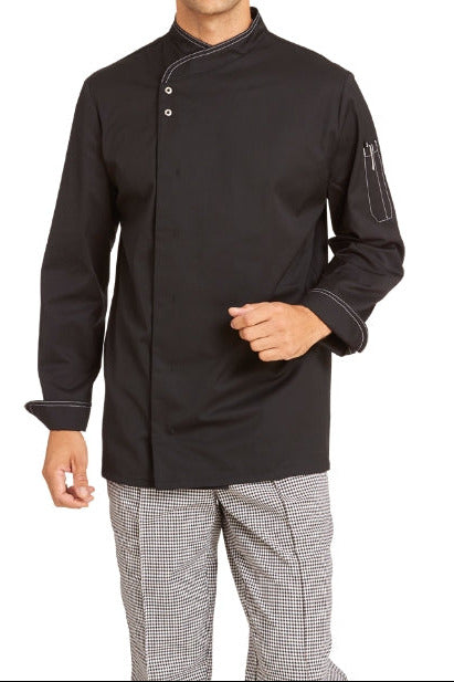LE-12-2444-10 Leichte Kochjacke mit Druckknopfverschluß in schwarz