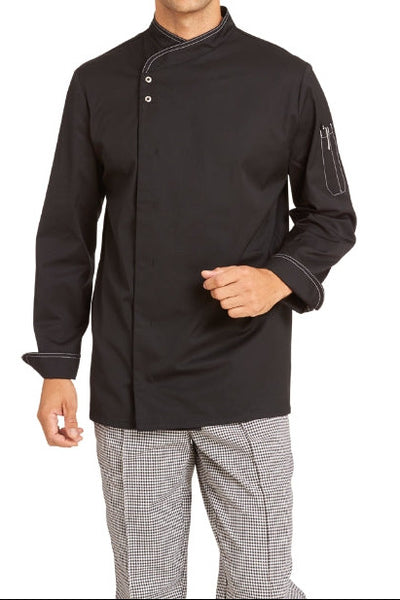LE-12-2444-10 Leichte Kochjacke mit Druckknopfverschluß in schwarz