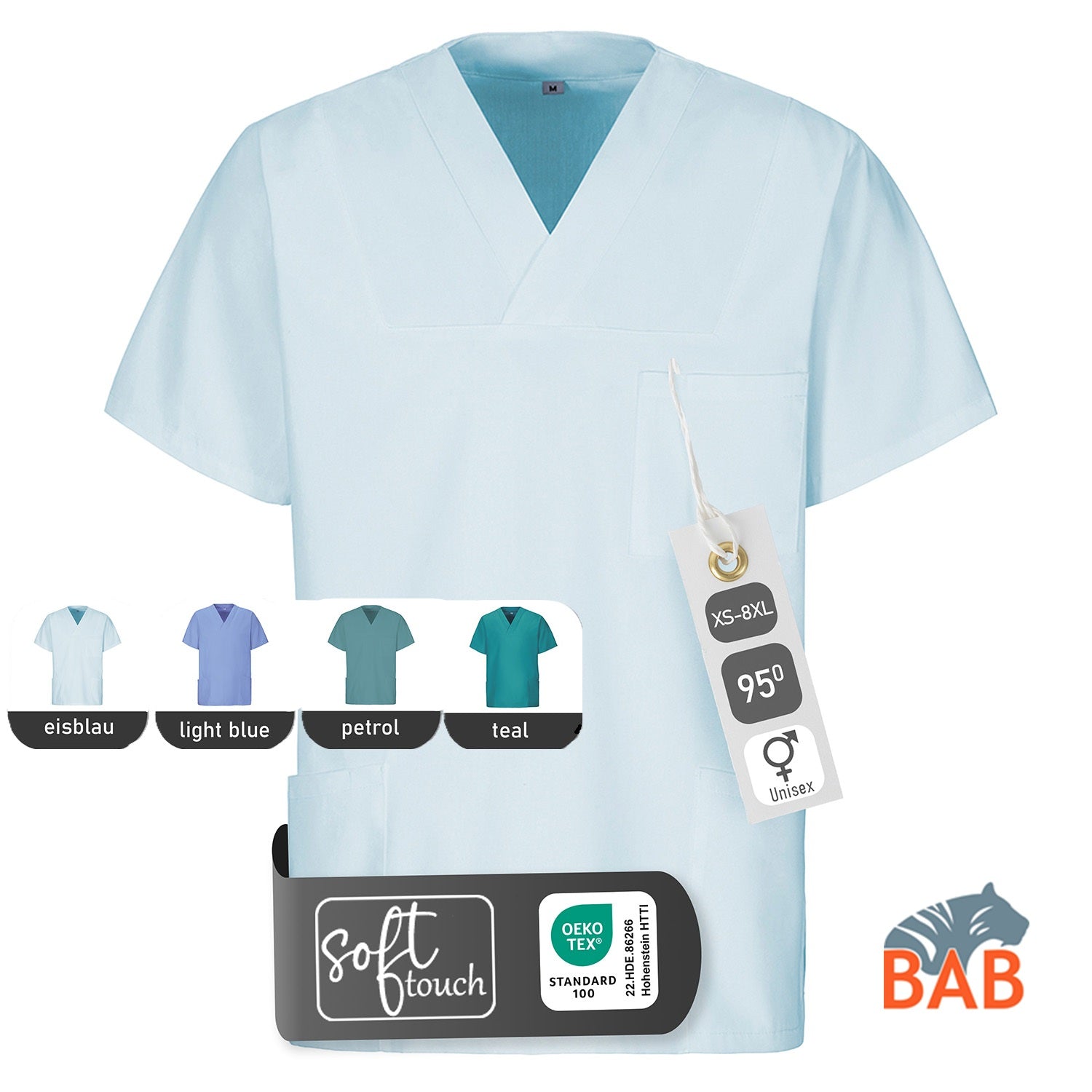 E-273-75 Schlupfkasack eisblau, light blue, petrol, teal bis  Gr.8XL mit V-Ausschnitt