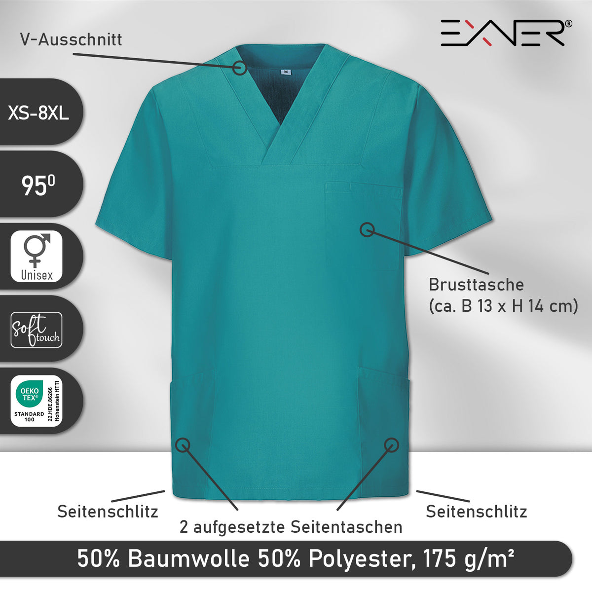 E-273-75 Schlupfkasack eisblau, light blue, petrol, teal bis  Gr.8XL mit V-Ausschnitt