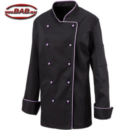E-219-20 Schwarze Damenkochjacke mit Paspel in Lila