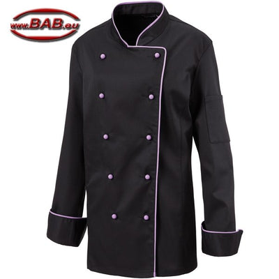 E-219-20 Schwarze Damenkochjacke mit Paspel in Lila
