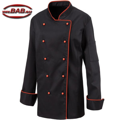 E-219-20 Schwarze Damenkochjacke mit Paspel in rot