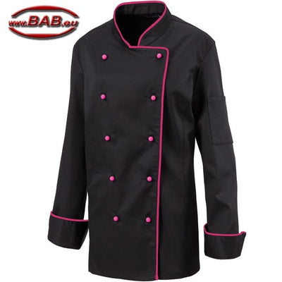 E-219-20 Schwarze Damenkochjacke mit Paspel in Pink