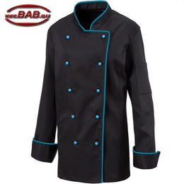 E-219-20 Schwarze Damenkochjacke mit Paspel in türkis