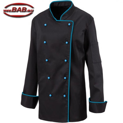 E-219-20 Schwarze Damenkochjacke mit Paspel in türkis