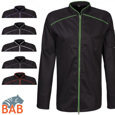 E-220-20 schwarze Kochjacke mit Reißverschluss und farbiger Paspel bis 5 XL