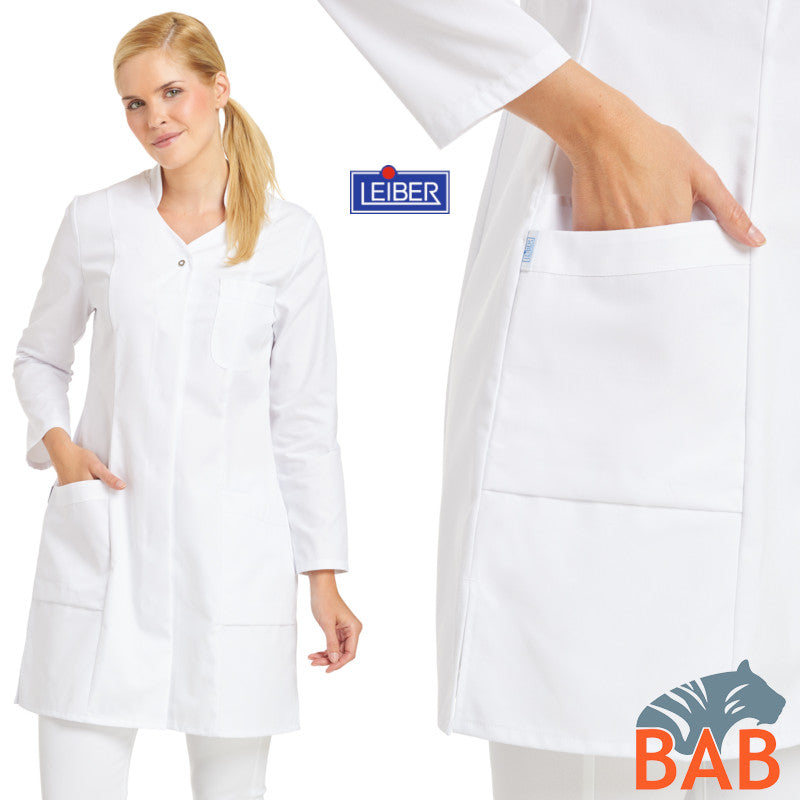 LE-08-2513 Berufskittel mit V-Ausschnitt und Druckknopfleiste