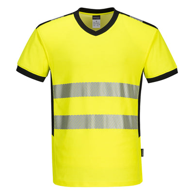 PW-PW310 Warnschutz-T-Shirt mit V-Ausschnitt und Mesh Einsatz kurzarm  gelb