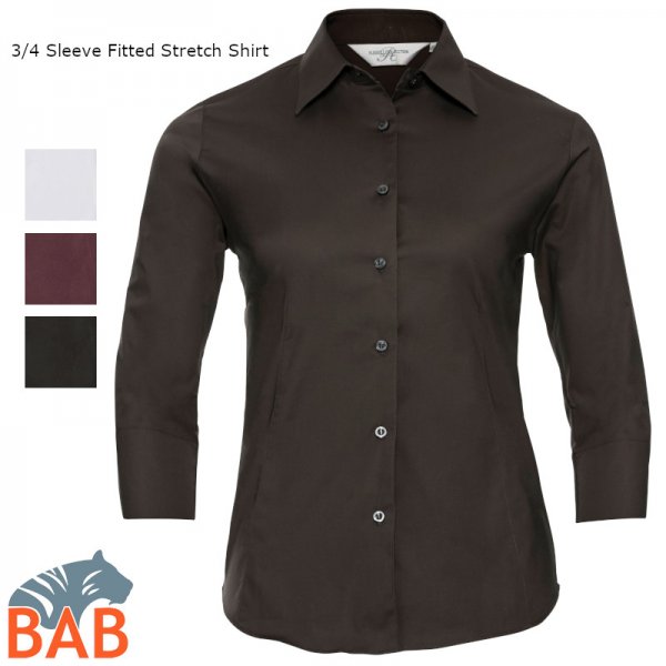 Russel Z-946F Klassische Damen-Bluse mit 3/4 Ärmel, Stretch XS-XXL