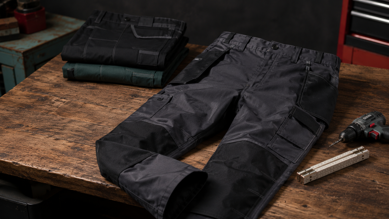 Arbeitshosen Herren in Anthrazit und Schwarz – Bundhosen mit Holstertaschen und Stretch auf Werkbank