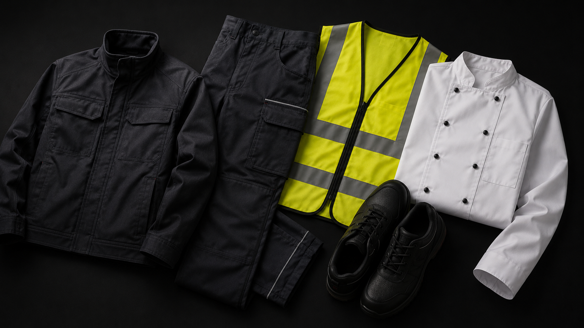 Arbeitskleidung Kollektion – Berufsjacke, Arbeitshose, Warnschutzweste und Kochbekleidung auf dunklem Hintergrund