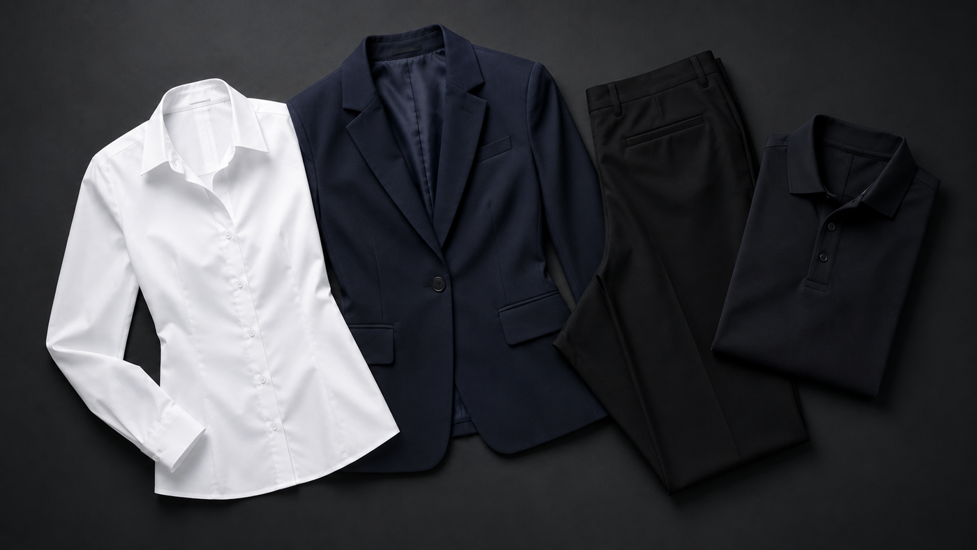 Moderne Dienstkleidung mit weißer Bluse, navy Blazer, schwarzer Stoffhose und Poloshirt auf dunklem Hintergrund im Flatlay-Stil.