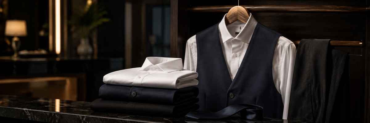 Elegante Servicekleidung für Hotel und Gastronomie mit weißem Hemd, navy Weste, schwarzer Hose und Krawatte in luxuriöser Hotelatmosphäre. — BAB Berufsbekleidung