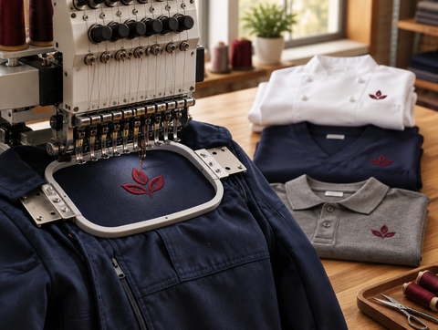 Stickmaschine stickt ein Logo auf eine dunkelblaue Jacke