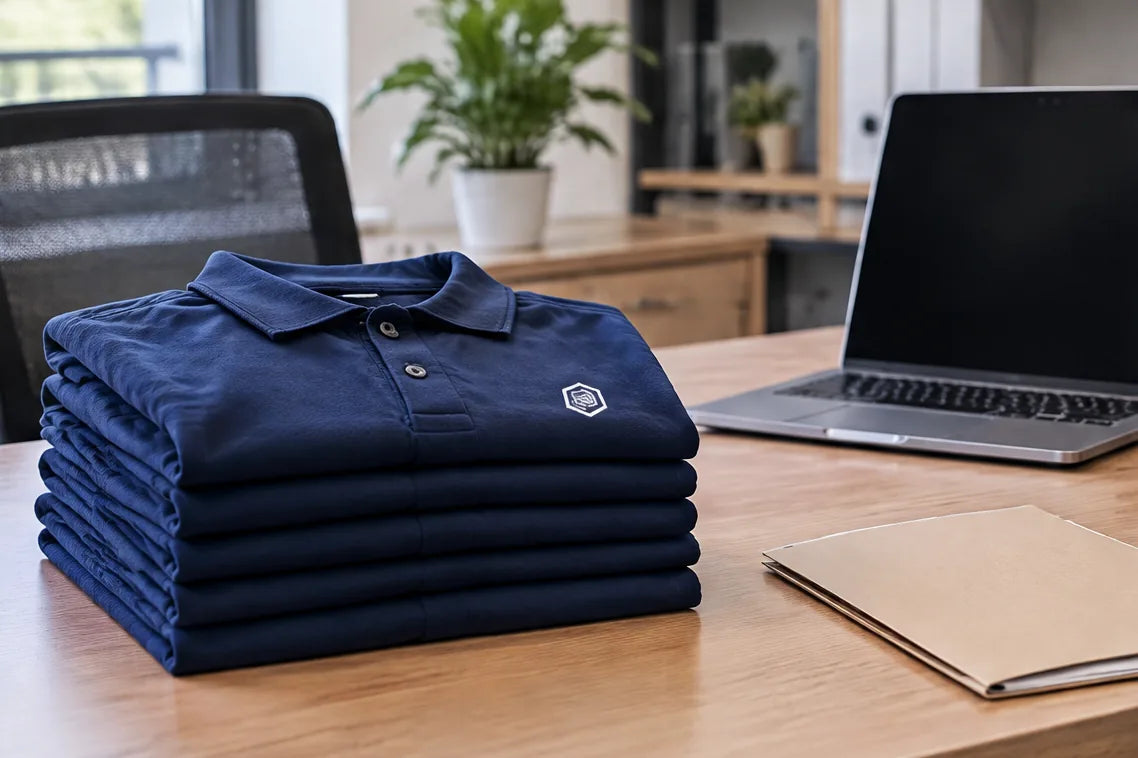 Gestapelte dunkelblaue Poloshirts mit Firmenlogo auf einem Bürotisch neben Laptop und Mappe